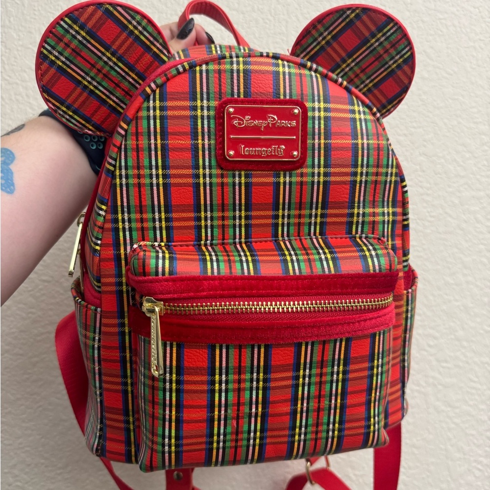 Disney Christmas Loungefly Red and Yellow Plaid Mini Backpack with Mickey Ears